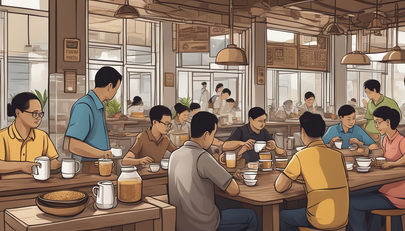 A bustling kopitiam in Singapore, filled with the aroma of freshly brewed kopi songkok and the sound of chatter and clinking of cups
