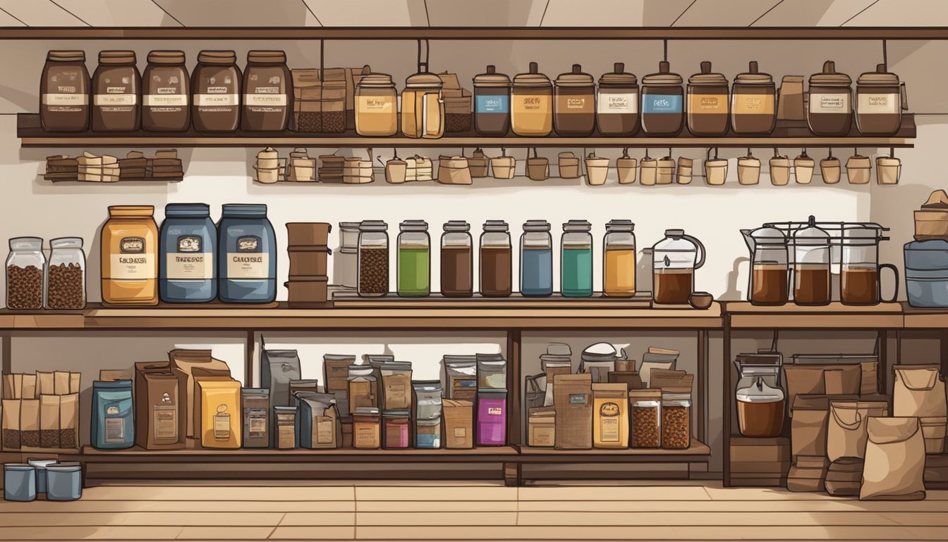 A display of various kopi varieties and brewing equipment at a specialty store in Singapore. Shelves lined with bags of kopi songkok and brewing tools