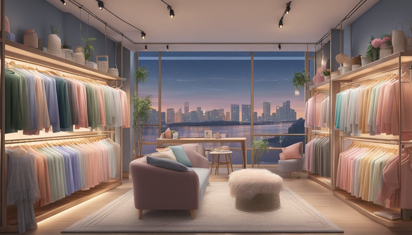 A cozy boutique in Singapore displays racks of colorful sleepwear, with soft fabrics and delicate lace details. Bright lights illuminate the store, creating a warm and inviting atmosphere