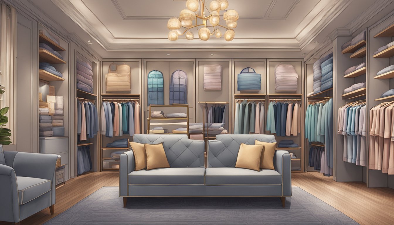 A cozy sleepwear store in Singapore, filled with racks of pajamas and robes in various colors and patterns. Soft lighting and comfortable seating invite customers to browse and relax
