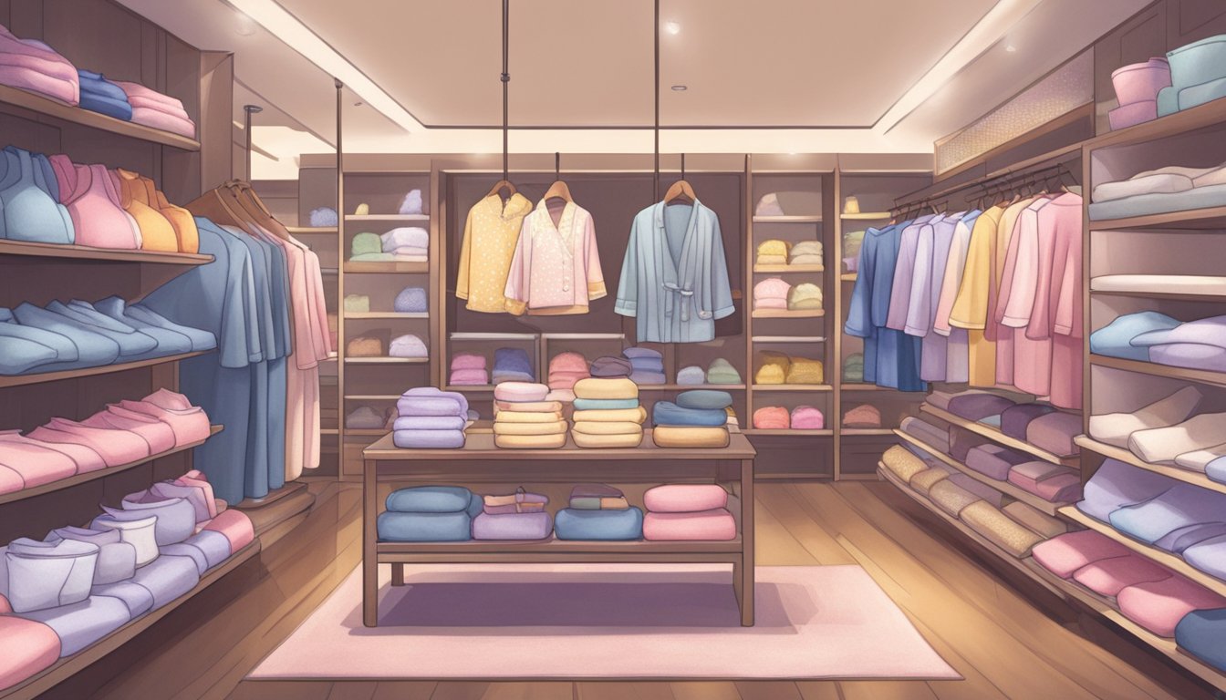 A cozy sleepwear section in a Singapore store, with shelves of pajamas, robes, and slippers. Bright lighting and inviting displays