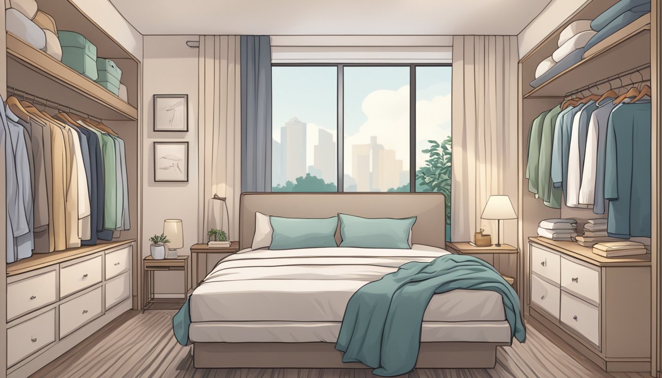 A cozy bedroom with shelves of sleepwear, a comfortable bed, and a sign reading "Frequently Asked Questions: Where to buy sleepwear in Singapore."