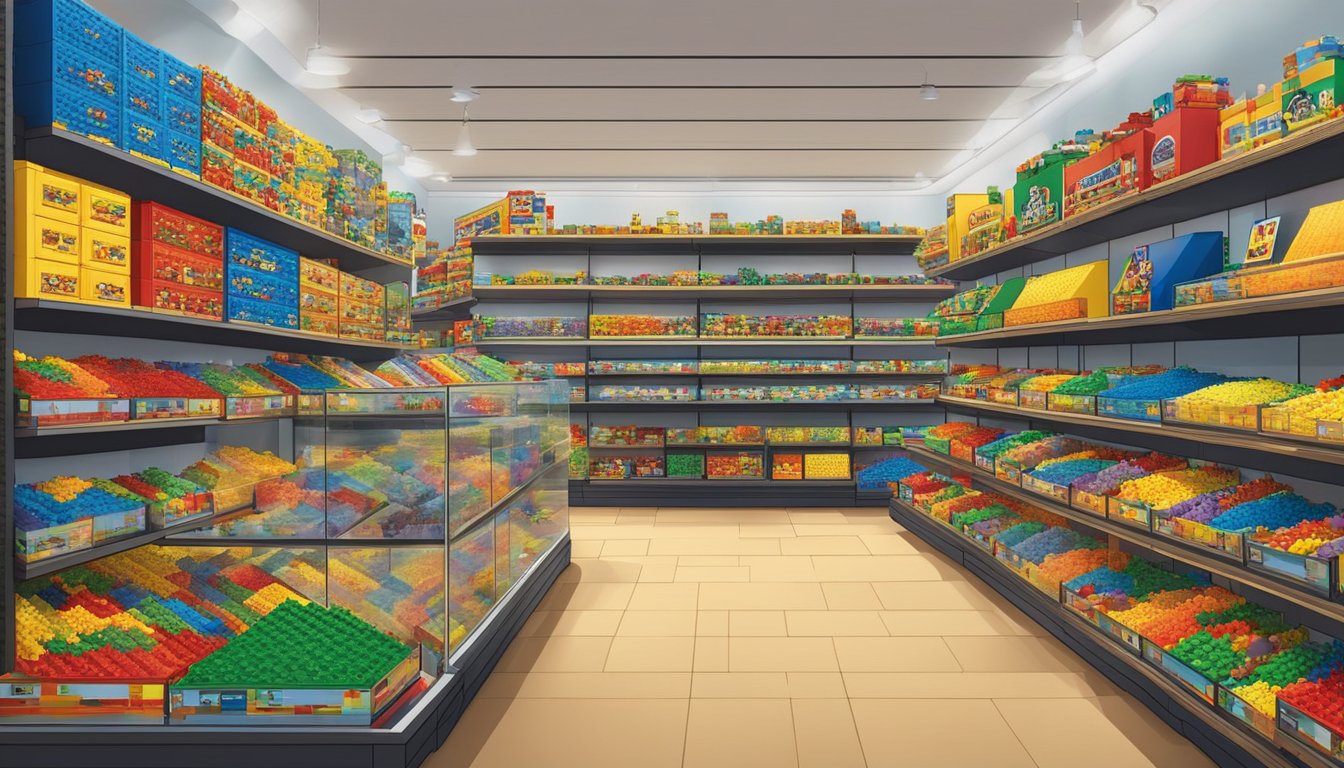A colorful toy store shelves filled with various Lego sets in Singapore