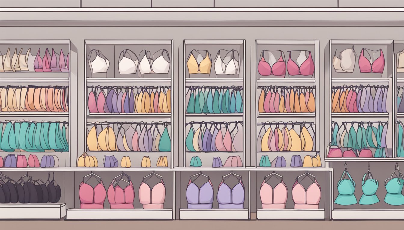 A display of stick-on bras in various sizes and colors at a lingerie store in Singapore. The bras are neatly arranged on shelves or hanging racks, with price tags clearly visible