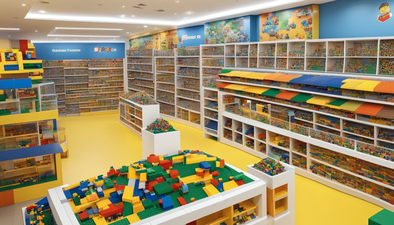 Colorful LEGO sets displayed in a bright, spacious store in Singapore. Shelves lined with various themed sets and a dedicated play area for kids