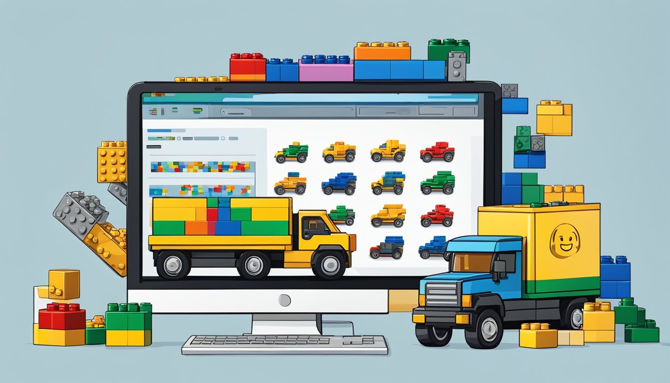 A computer screen displaying a colorful webpage with various LEGO sets, a mouse clicking on "Add to Cart" button, and a delivery truck icon indicating shipping