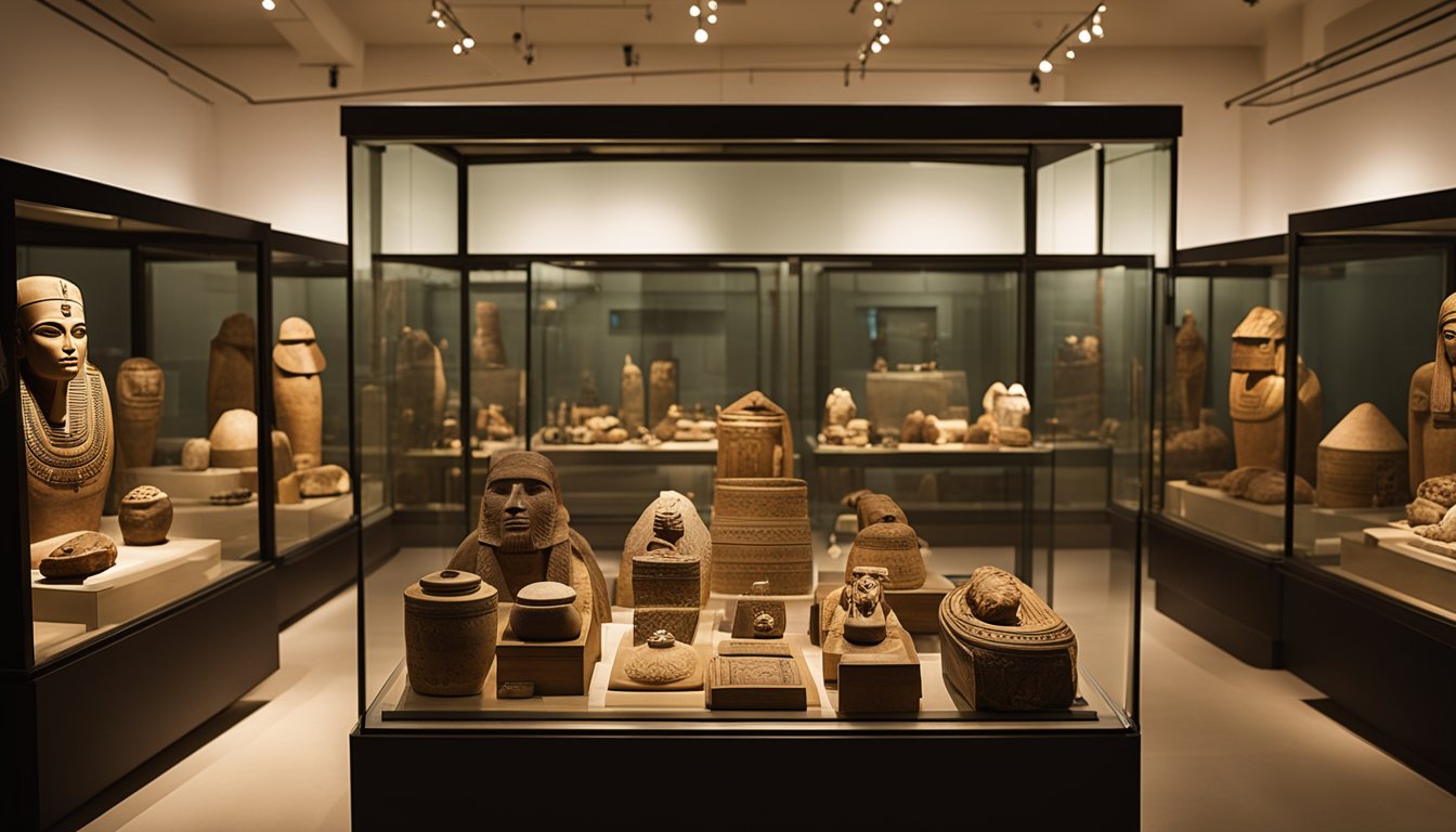 A collection of ancient Egyptian artifacts and burial items are displayed in a dimly lit museum room, with mummies wrapped in linen and adorned with jewelry