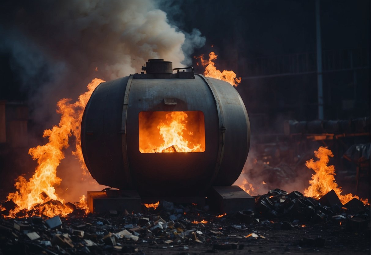 The SOL Incinerator burns waste with intense heat, emitting flames and smoke. The machine's metal exterior glows red as it operates, surrounded by piles of garbage