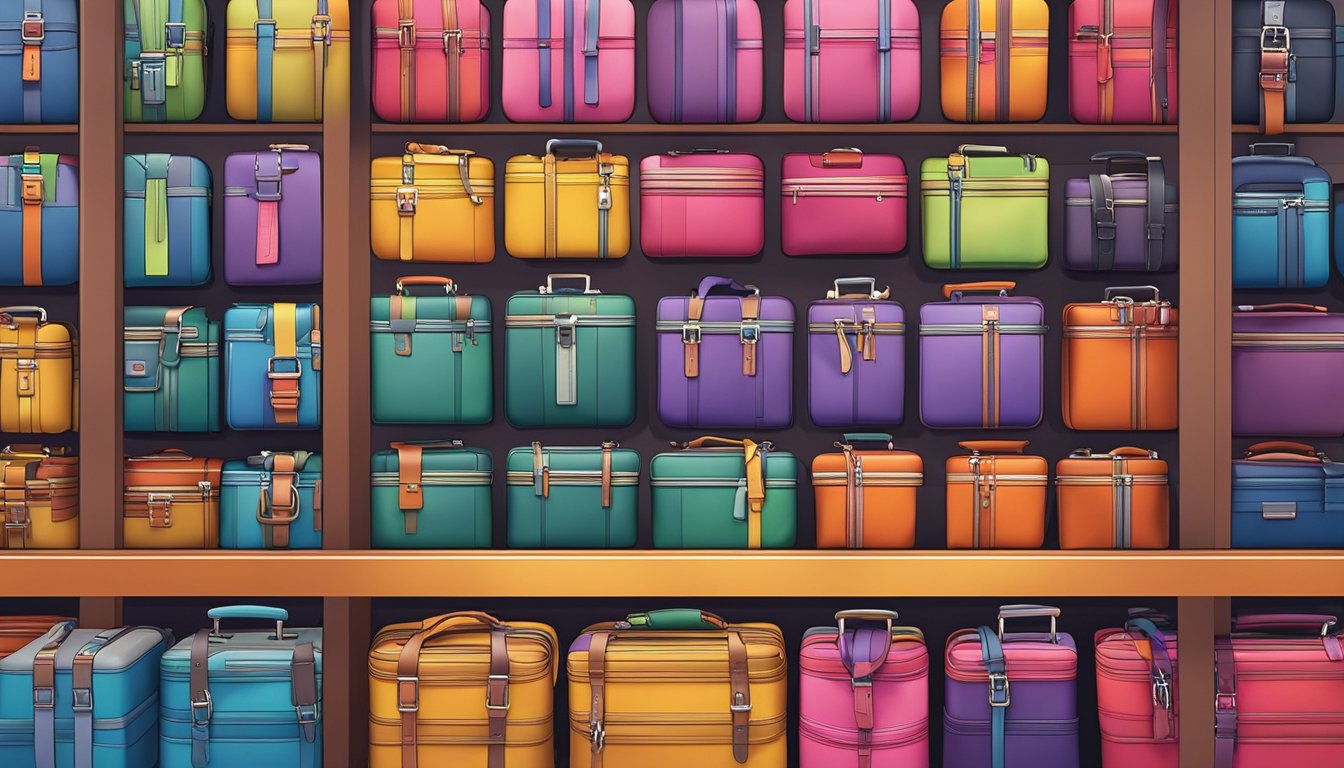 A display of colorful luggage straps arranged neatly on a shelf in a Singaporean store. Bright lights highlight the various designs and sizes available for purchase