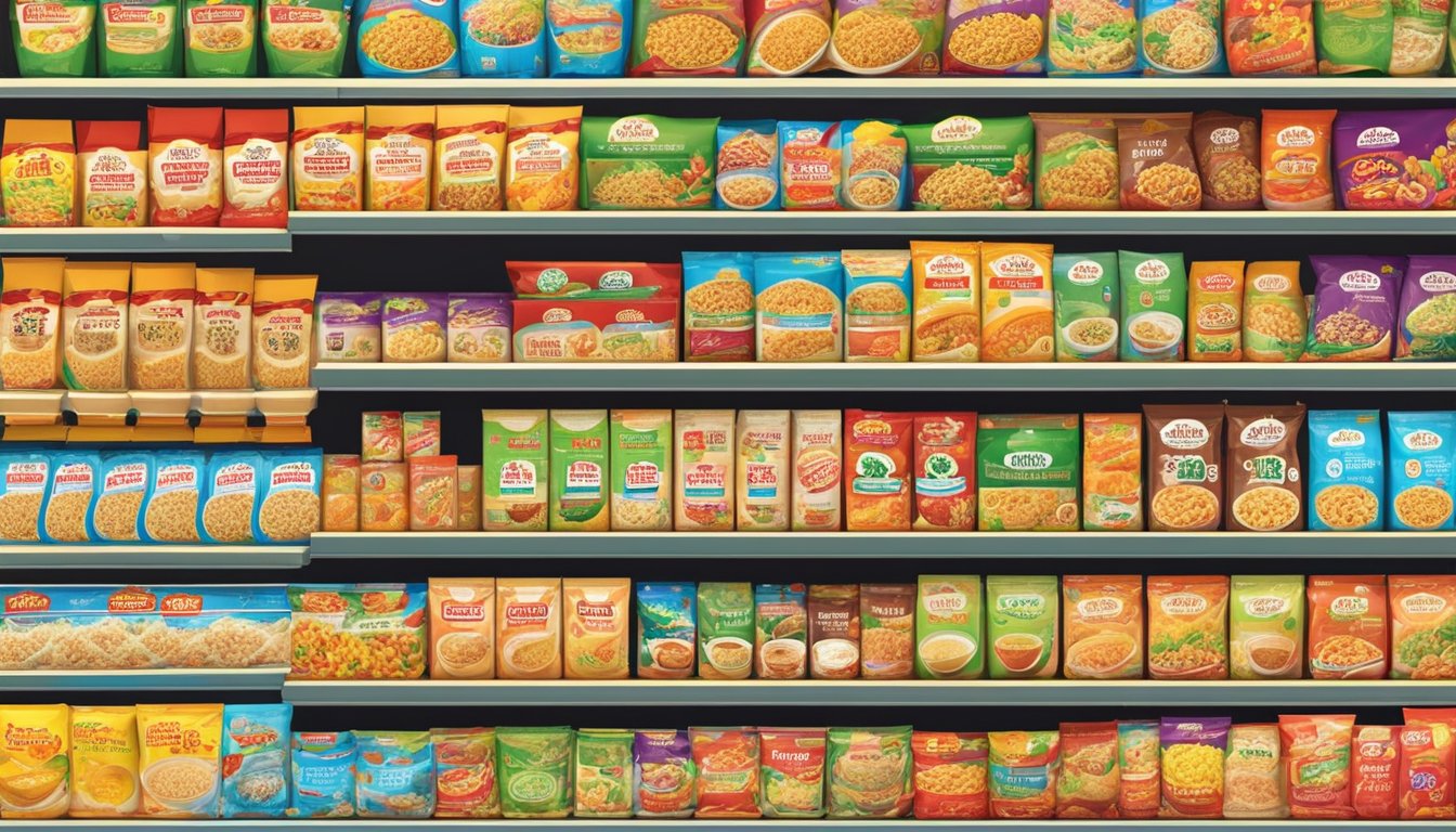 A display of various Taiwan instant noodles on shelves in a Singaporean grocery store. Bright packaging and clear labeling
