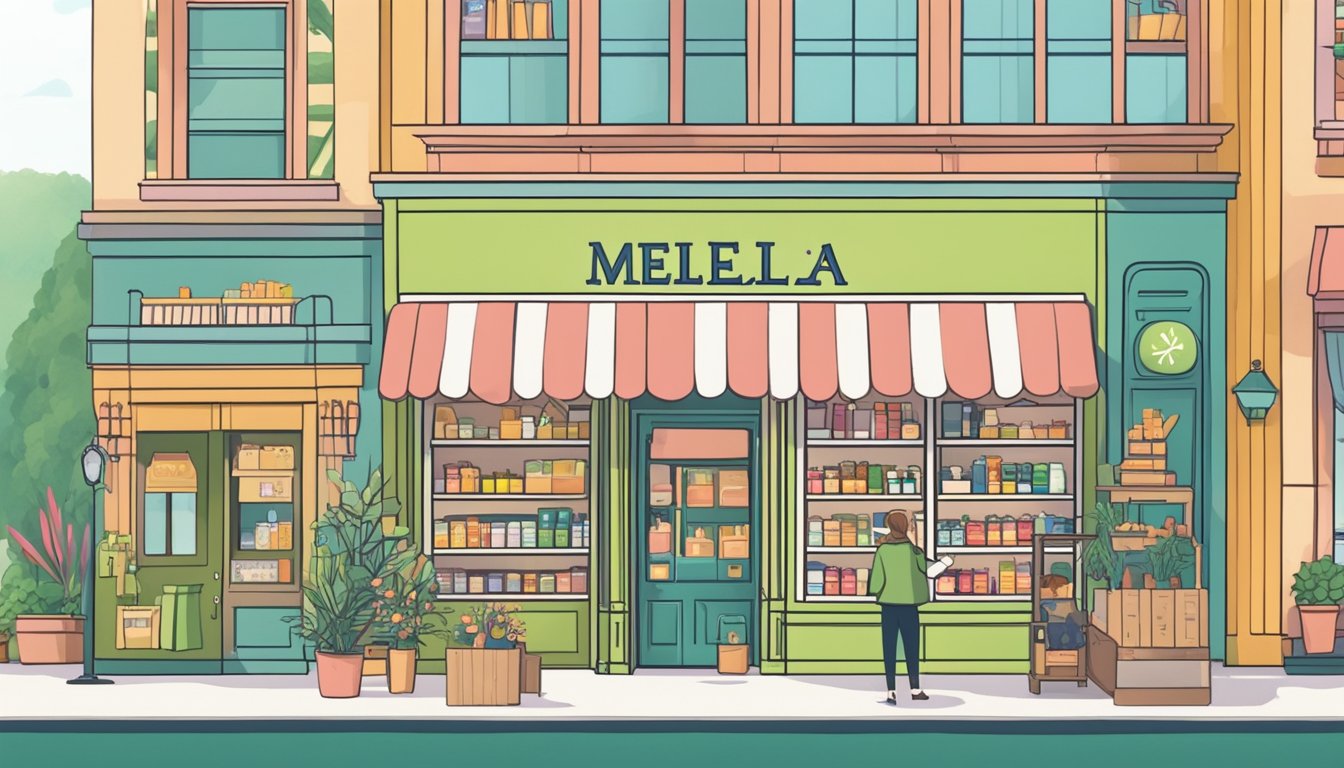 A bright and welcoming store front with the sign "Where to Purchase Melilea Products" in bold letters. Shelves inside are neatly stocked with various Melilea products, and a friendly salesperson assists a customer