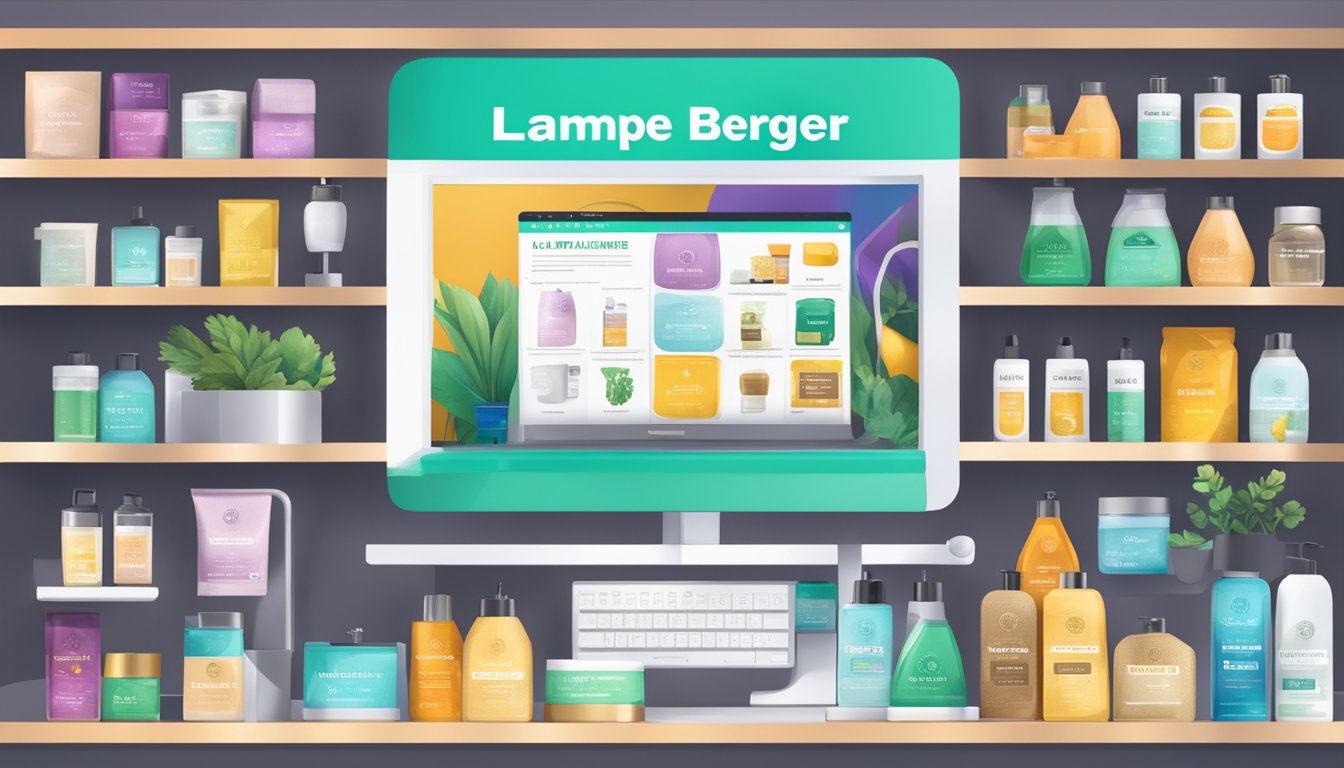 A computer screen displaying an online store with the words "buy Lampe Berger online" and various product options