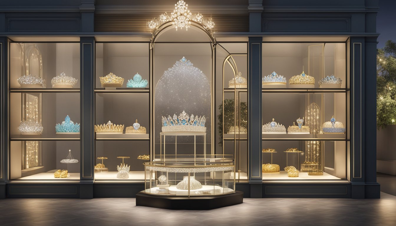 A luxurious display of tiaras in a boutique window in Singapore. Bright lights and elegant designs catch the eye of passersby