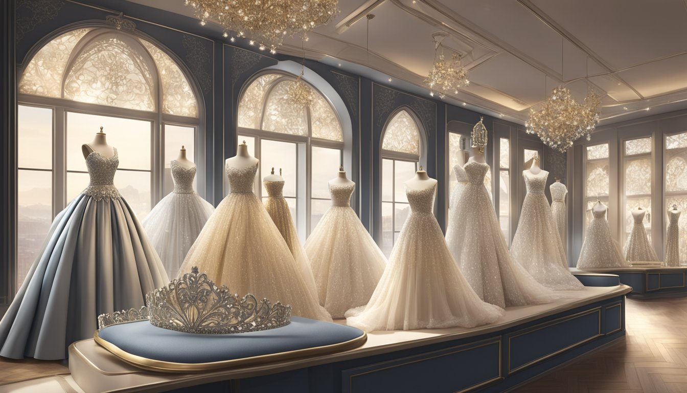 A sparkling display of tiaras in a boutique window, with elegant designs and intricate details, set against a backdrop of luxurious fabrics and soft lighting