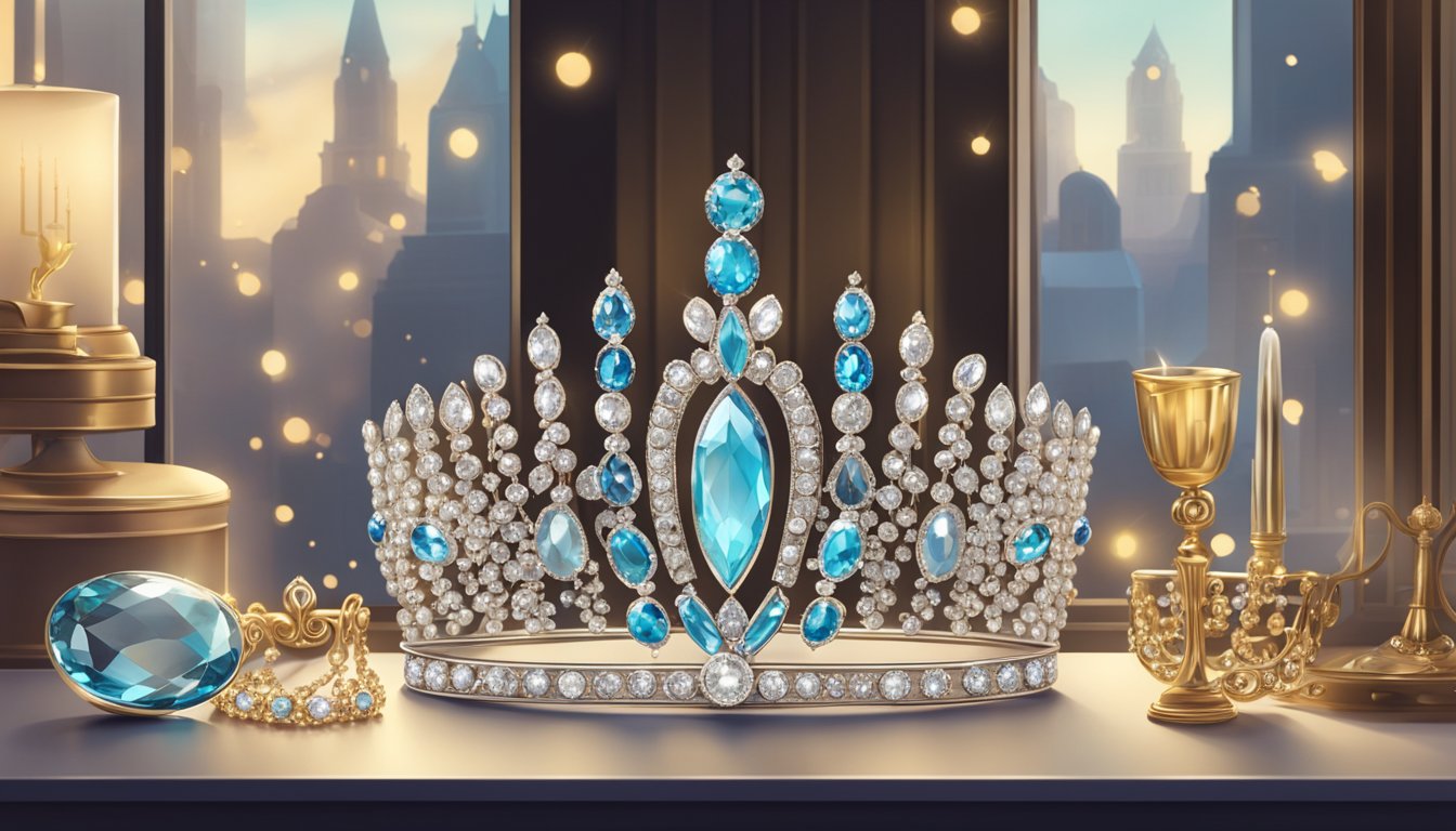 A sparkling tiara displayed in a boutique window, surrounded by elegant jewelry and accessories