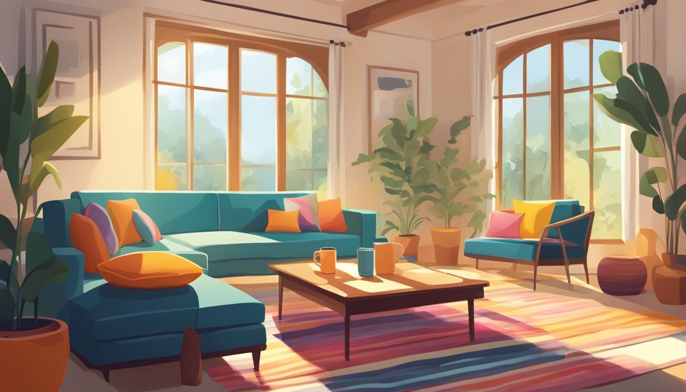 A cozy living room with colorful floor cushions scattered around a low coffee table. Sunlight streams through the window, casting a warm glow on the inviting seating area