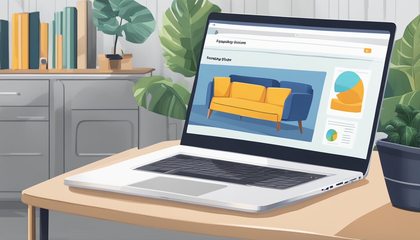 A laptop open on a table, with a website displaying "Frequently Asked Questions" about buying floor cushions online