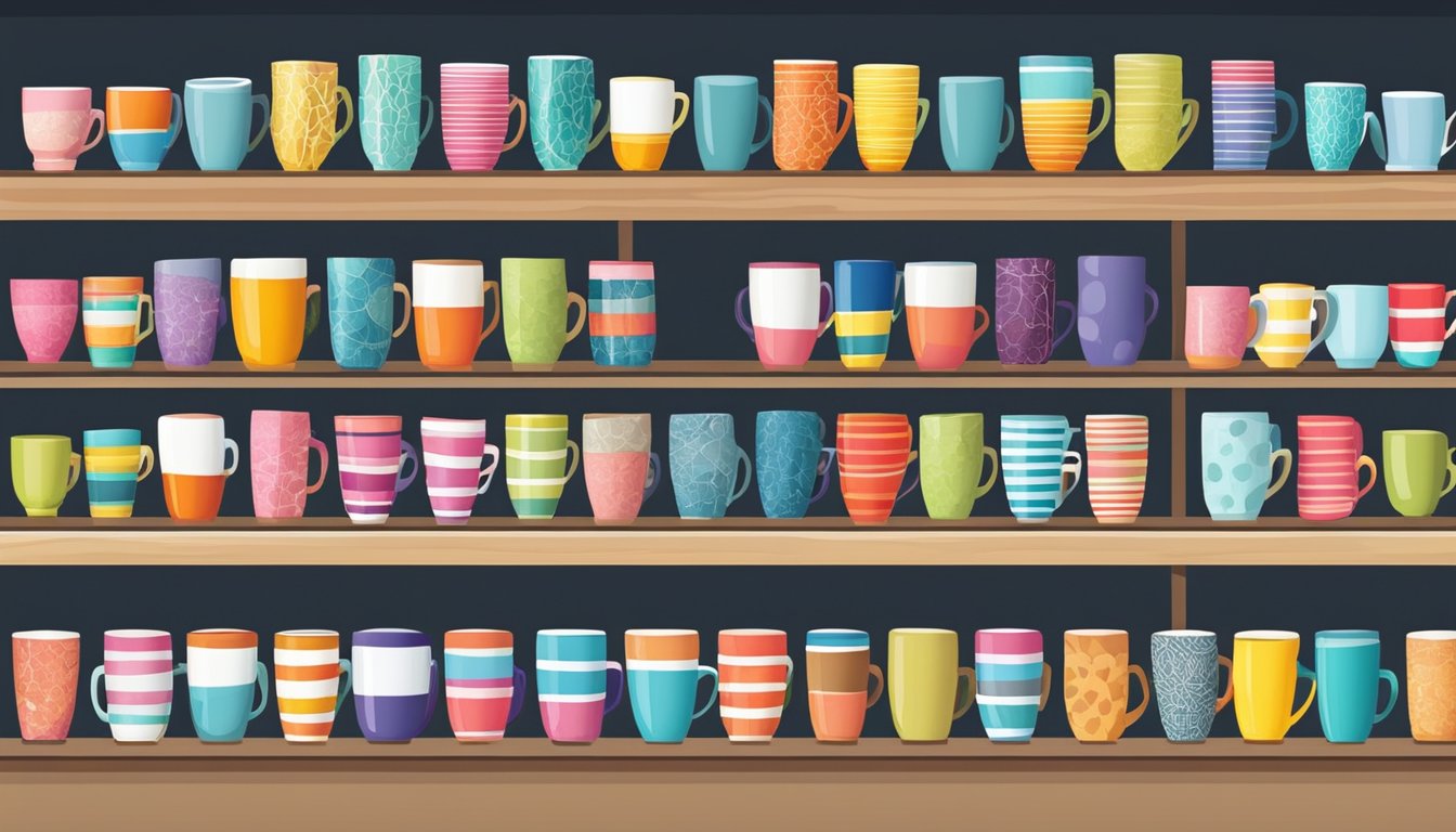Colorful mugs displayed on shelves in a bright, modern shop in Singapore. Various designs and sizes available for purchase