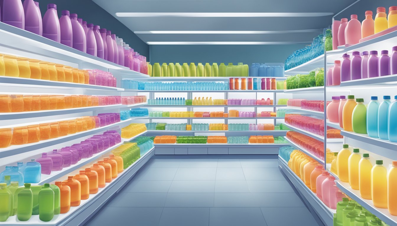 A display of Tupperware water bottles in a brightly lit store in Singapore, with various sizes and colors arranged neatly on shelves