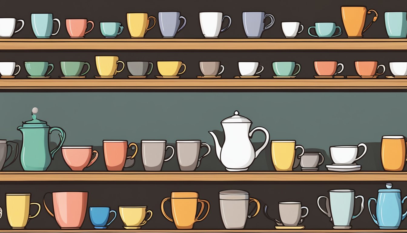 A shelf of colorful mugs in a cozy kitchenware store, with various sizes and designs on display. Bright lighting and a warm atmosphere invite customers to browse and find their perfect mug