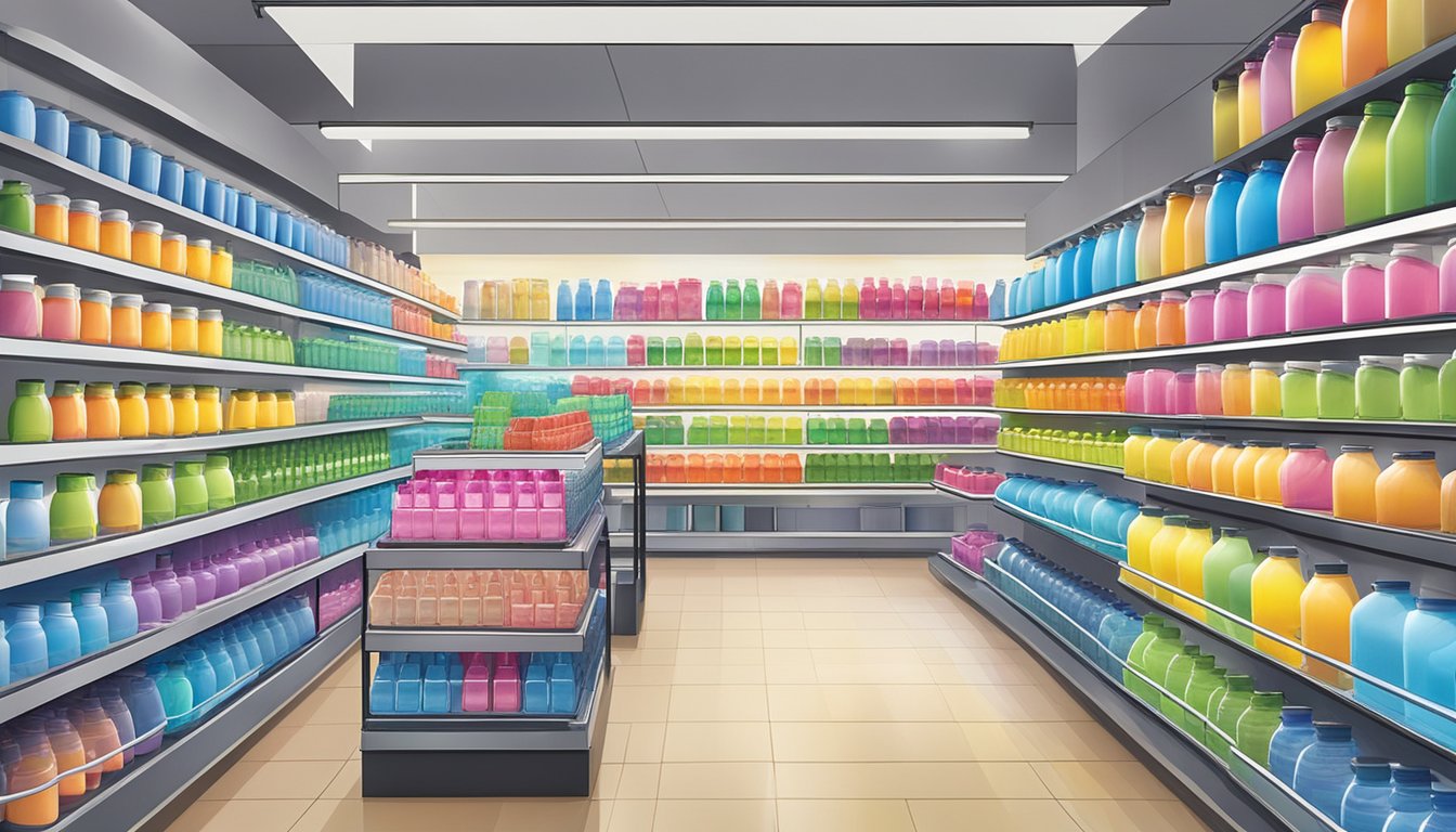 A display of Tupperware water bottles on shelves in a Singaporean store. Bright lighting highlights the variety of colors and sizes available for purchase