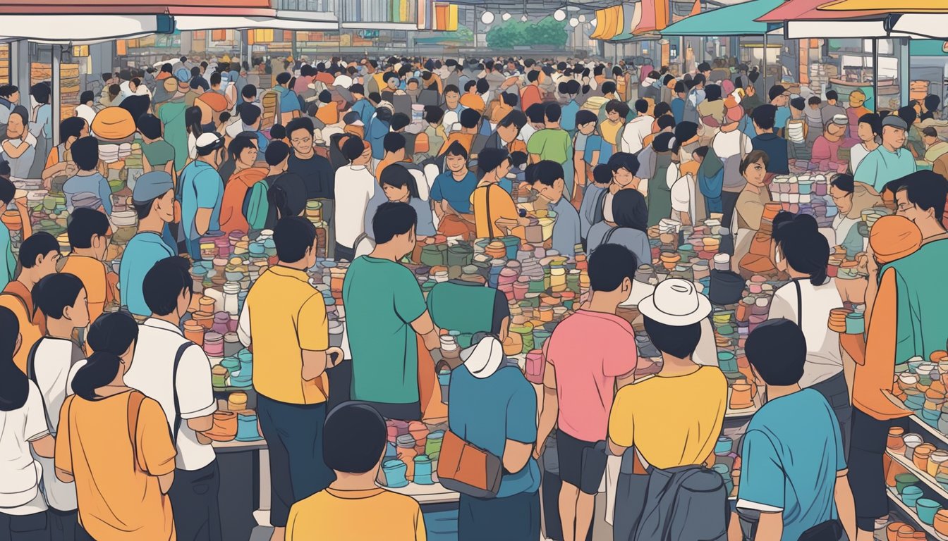 A crowded marketplace with colorful displays of mugs, surrounded by eager customers and vendors in Singapore