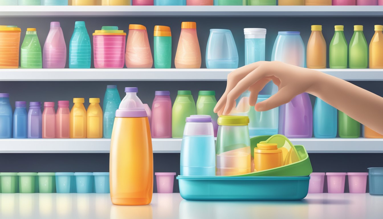 A hand reaches for a Tupperware water bottle on a store shelf. Brightly lit display with various bottle options in the background