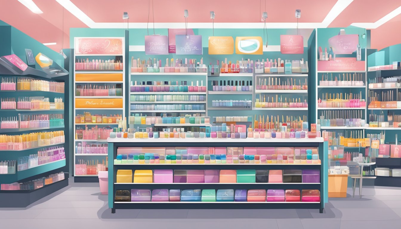 A well-lit store display showcasing a variety of manicure tools, neatly arranged on shelves with price tags, in a bustling shopping district in Singapore