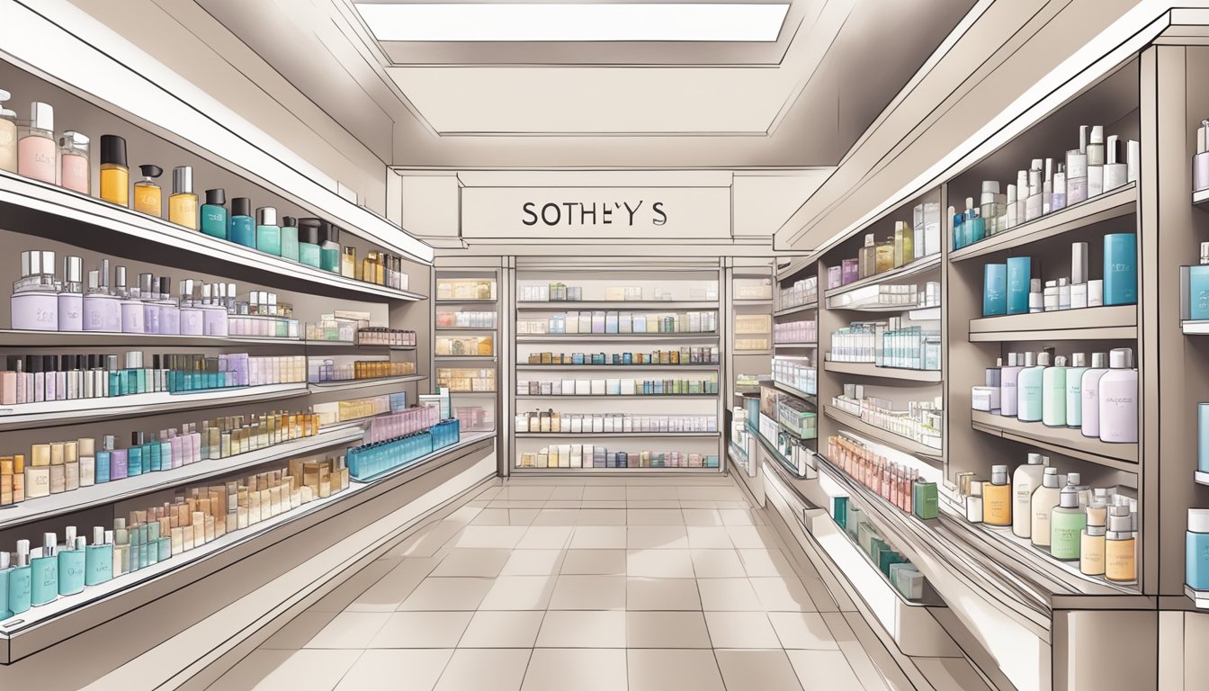 A bright, modern beauty store in Singapore displays shelves stocked with Sothys skincare products and a sign indicating "Sothys products available here."