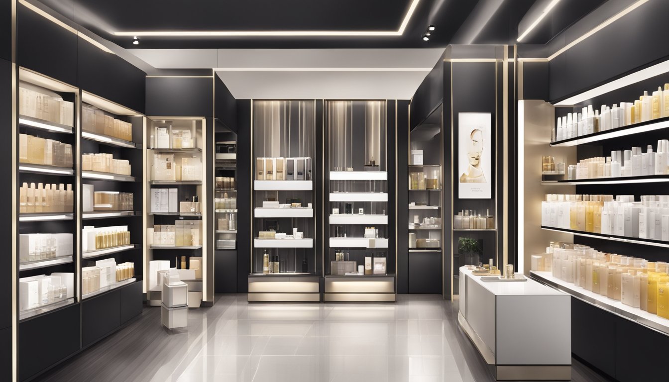 Sothys products displayed on shelves in a modern Singaporean beauty store. Bright lighting highlights the luxurious packaging and skincare items