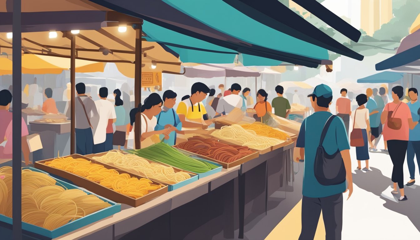 A bustling marketplace with colorful stalls selling fresh pasta in Singapore. Customers browse the selection as vendors call out their offerings