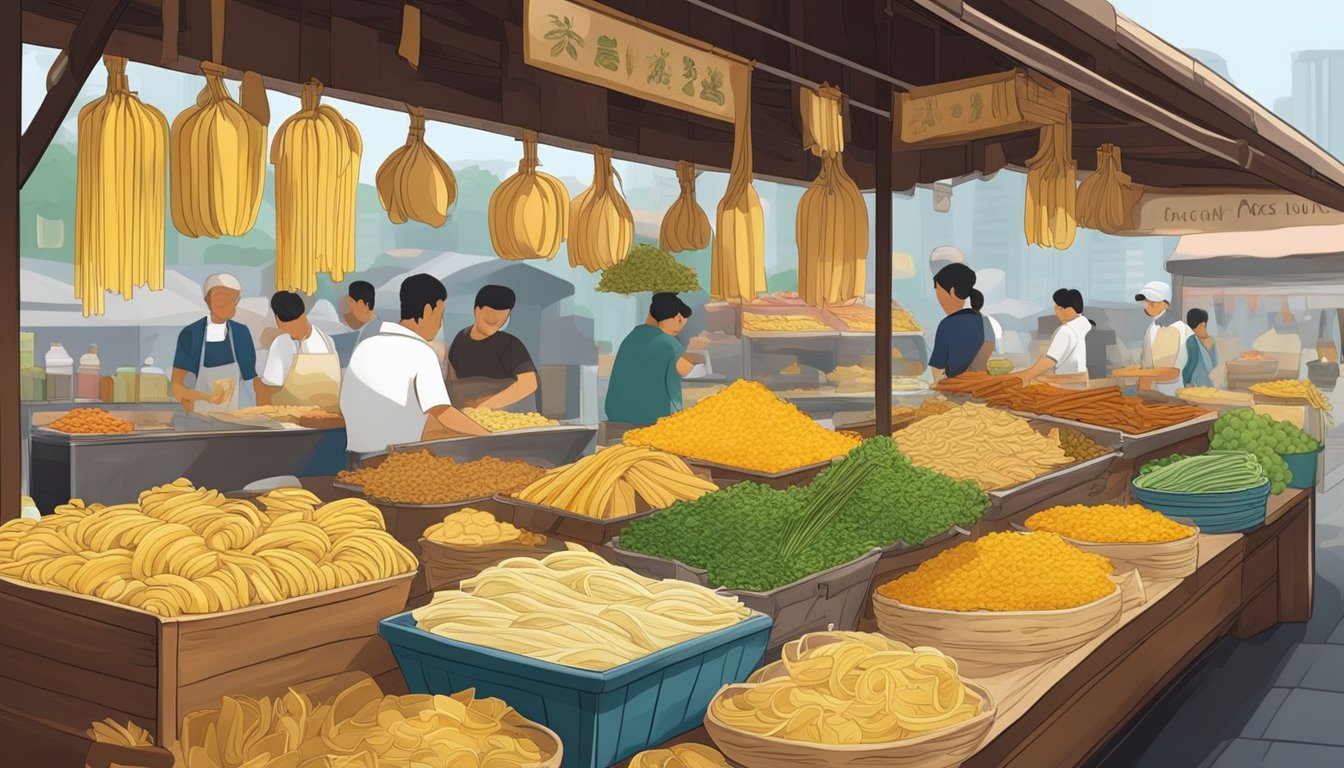 A market stall in Singapore displays an array of fresh pasta, vibrant in color and texture. The aroma of herbs and spices fills the air, enticing passersby to explore the delicious options
