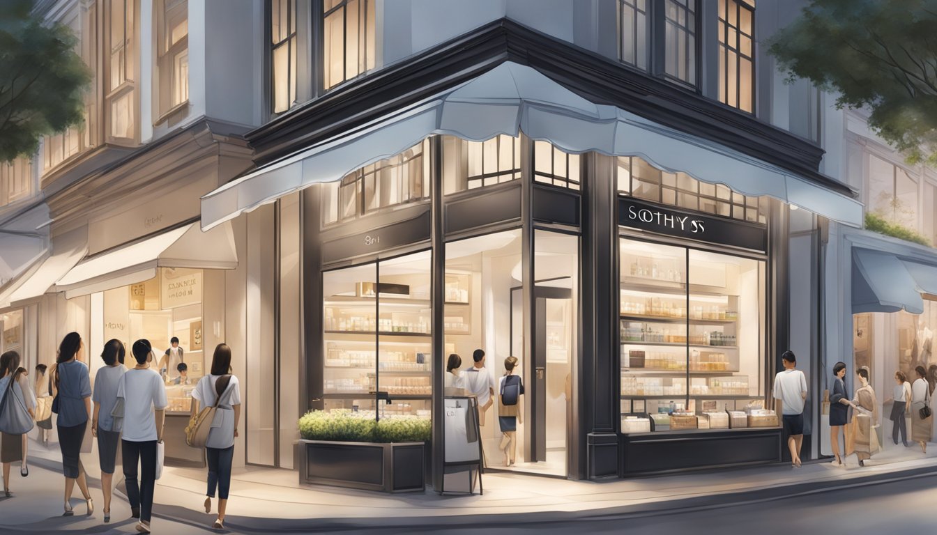 A bustling street in Singapore, with a sleek storefront displaying Sothys skincare products. Brightly lit and inviting, it catches the attention of passersby