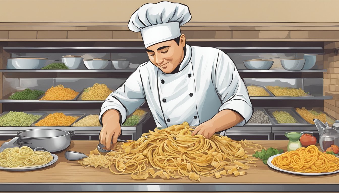 A chef selects from a variety of fresh pasta shapes and toppings, creating a customized pasta dish for a customer