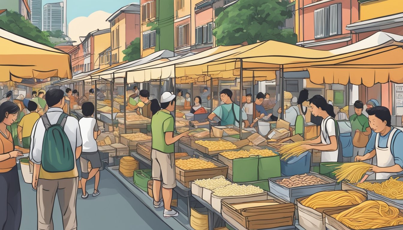 A bustling marketplace with vendors selling various types of fresh pasta in Singapore. Shoppers browsing and asking questions about the different pasta options available