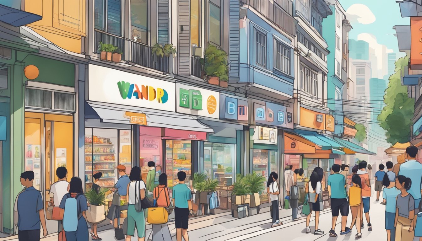 A bustling street in Singapore, with colorful shopfronts and a prominent sign reading "WANDRD" in bold letters. Customers are seen browsing through the store's display windows