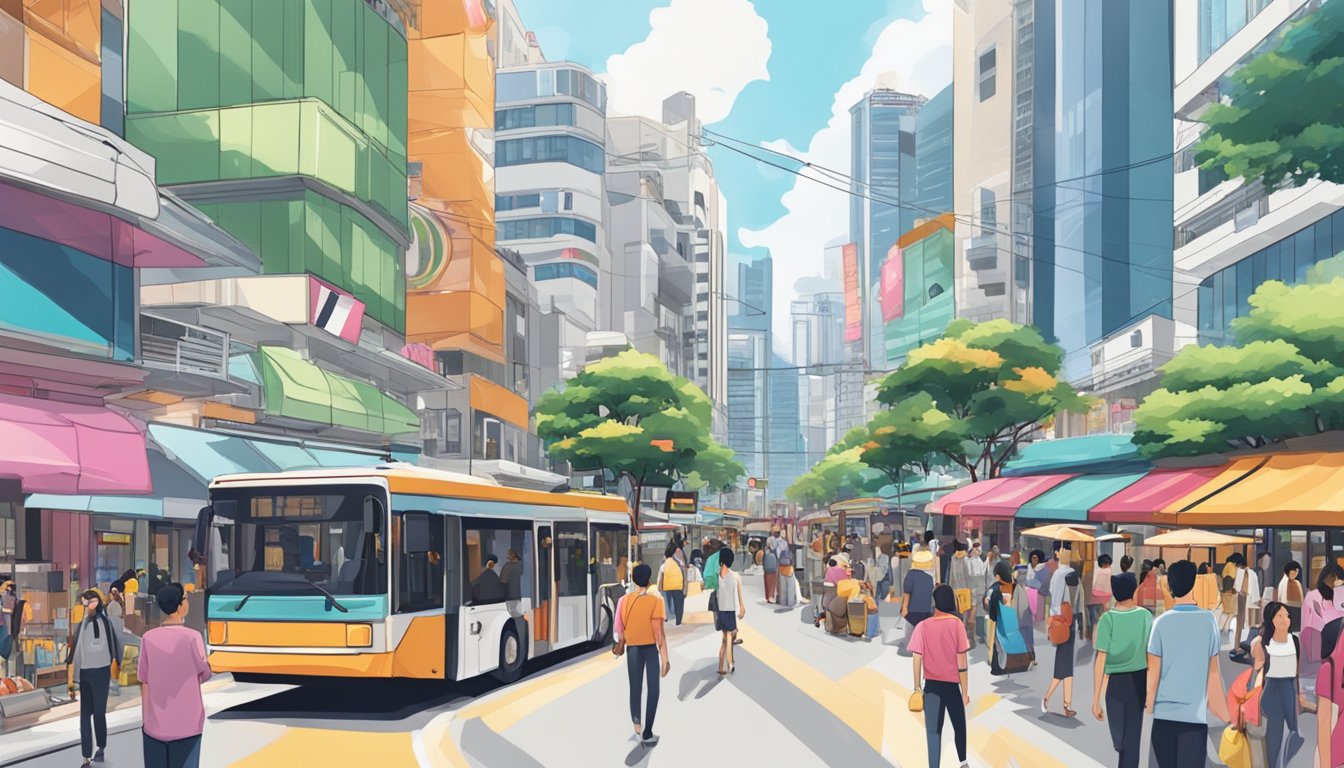 A bustling city street in Singapore with a prominent Wandrd store front, surrounded by vibrant signs and bustling crowds