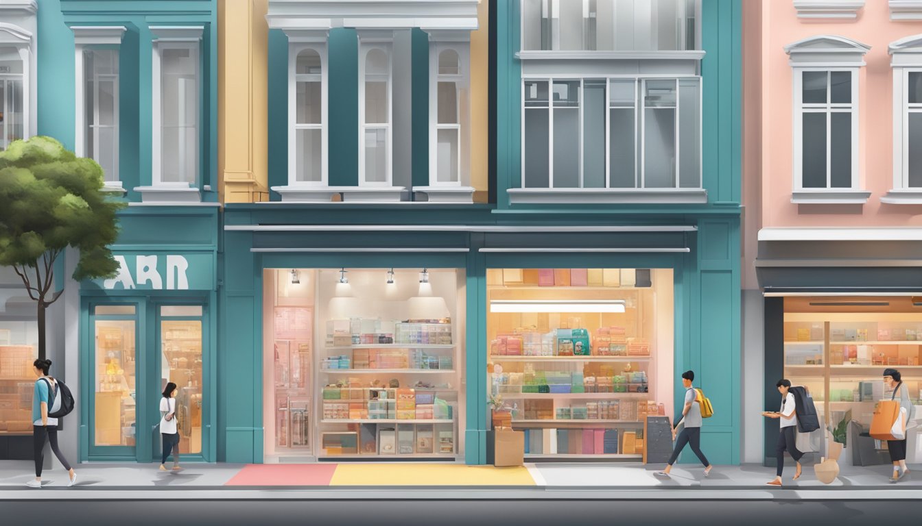 A bustling street in Singapore, with colorful storefronts and a prominent display of Wandrd products in a sleek, modern store window