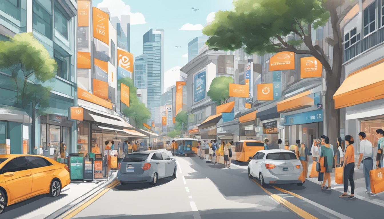 A bustling street in Singapore with prominent signage for Wandrd products at a popular retail store