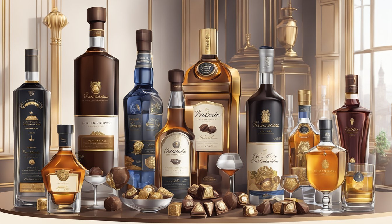 Display a variety of liquor-filled chocolates in a luxurious setting with elegant packaging, surrounded by a selection of fine spirits