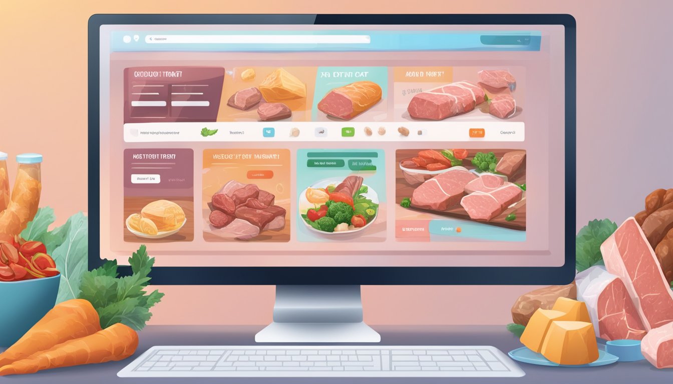 A computer screen displaying a website with a variety of frozen meat options. A hand cursor clicking on the "add to cart" button