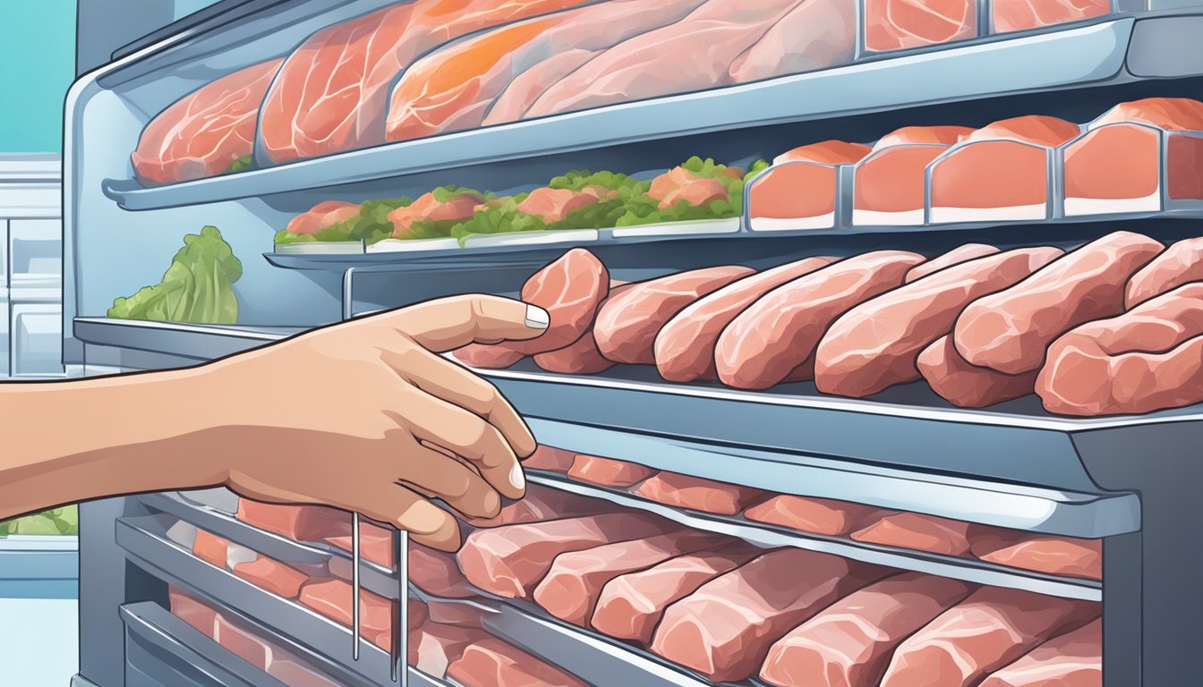 A hand reaches into a freezer, selecting quality frozen meats. Online shopping logo in the background