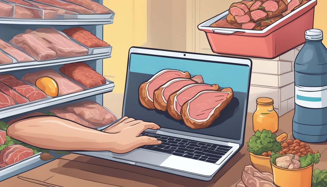 A hand clicks "Add to Cart" on a laptop, while a freezer full of meat is visible in the background