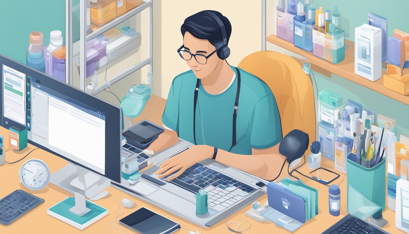 A person researching stoma care online, surrounded by various stoma bags and medical supplies, with a computer open to a website for purchasing stoma bags in Singapore