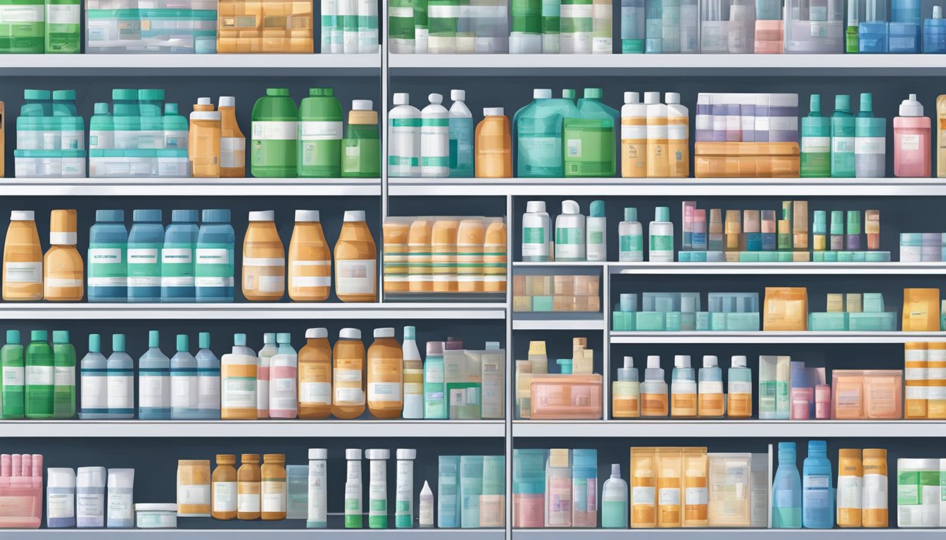 A pharmacy shelf stocked with various stoma bags in Singapore