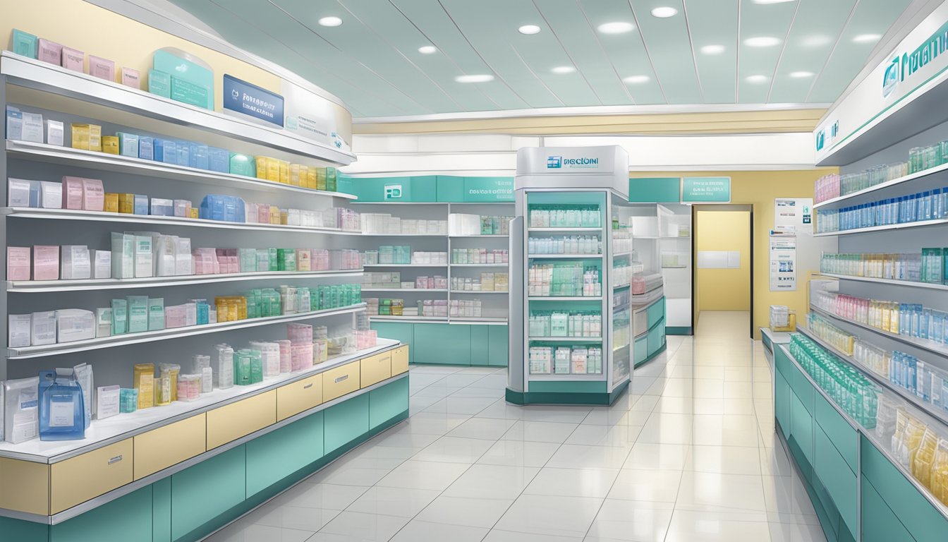 A display of stoma bags in a Singapore pharmacy, with clear signage and pricing information