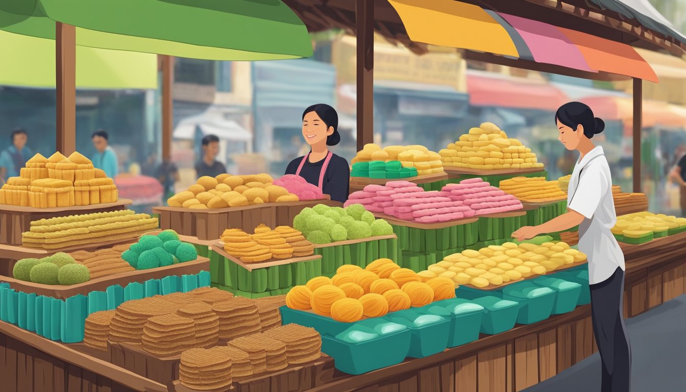 A colorful street market stall sells kuih bahulu in Singapore. The vendor arranges the traditional Malaysian sponge cakes in neat rows on a wooden display