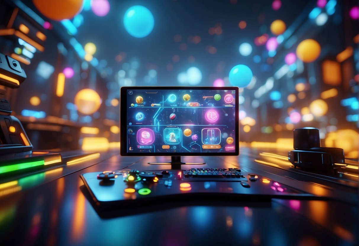 A colorful, futuristic gaming interface with bouncing balls and customizable avatars, surrounded by a vibrant, interactive environment