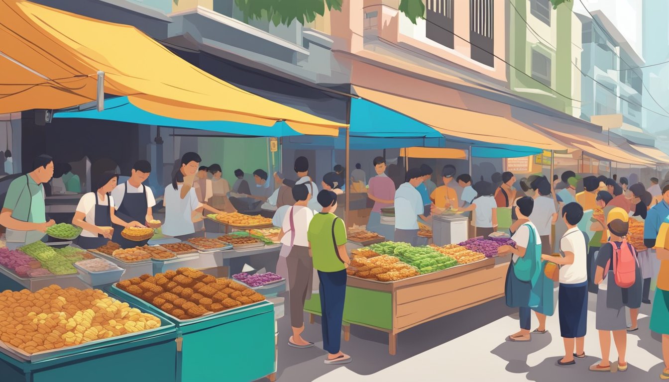 A bustling street market with colorful stalls selling kueh bahulu, surrounded by eager customers sampling the traditional Singaporean treat