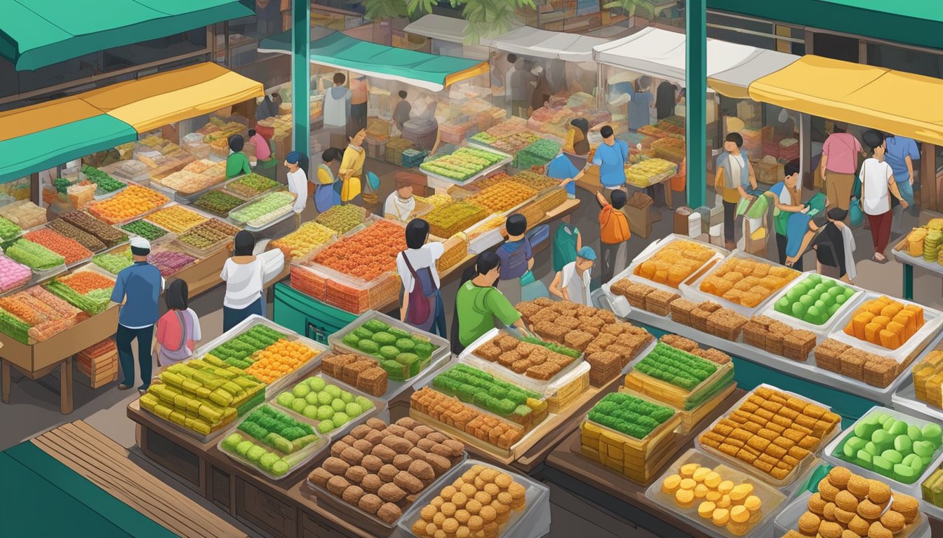 A colorful display of various kueh (traditional snacks) in a bustling Singaporean market, with vendors proudly showcasing their assortment of kuih bahulu